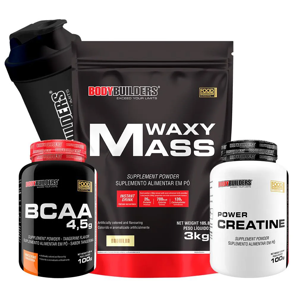 Kit Hipercalórico Waxy Mass 3kg + Bcaa 4,5 100g + Power Creatina 100g + Coqueteleira Sabor Baunilha – Bodybuilders