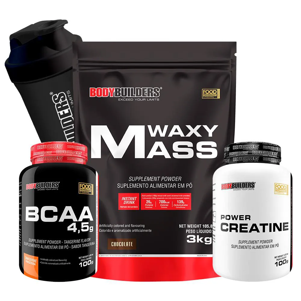 Kit Hipercalórico Waxy Mass 3kg + Bcaa 4,5 100g + Power Creatina 100g + Coqueteleira Sabor Chocolate – Bodybuilders