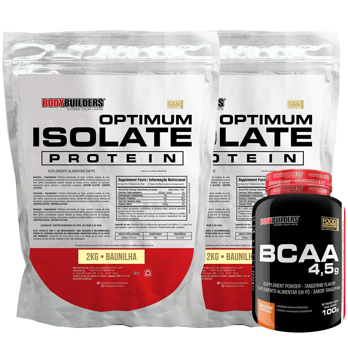 Kit 2x Optimum Isolate Whey Protein 2kg + Bcaa 100g Sabor Baunilha - Bodybuilders
