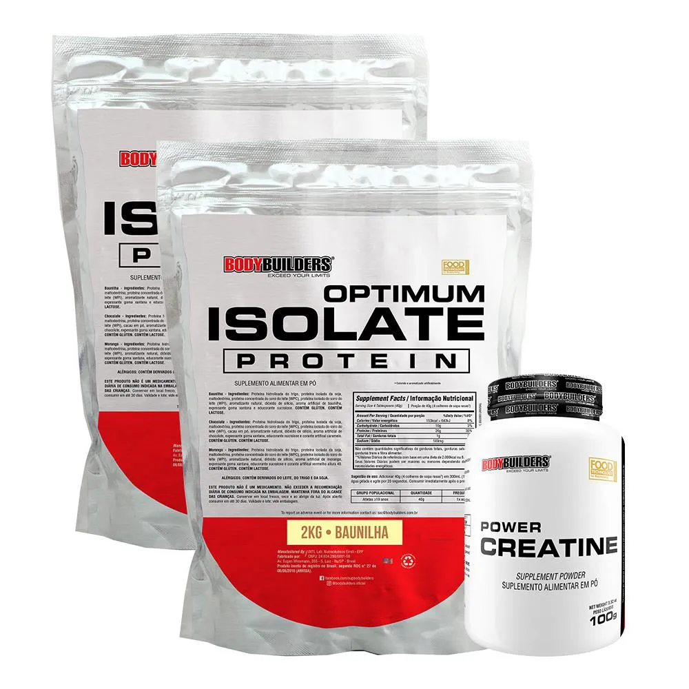 Kit 2x Optimum Isolate Whey Protein 2kg + Power Creatina 100g Sabor Baunilha - Bodybuilders