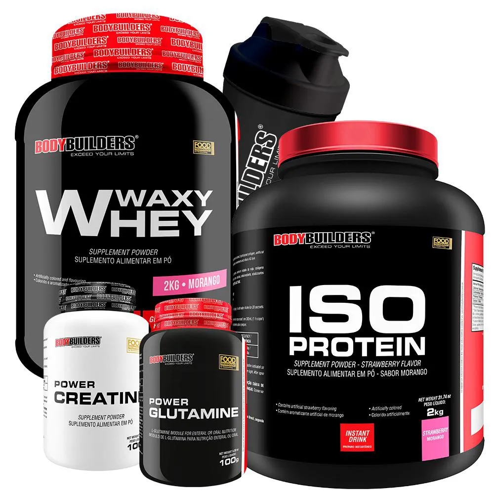 Kit Waxy Whey 2kg + Iso Protein 2kg+ Power Creatina 100g + Power Glutamina 100g + Coqueteleira Sabor: Morango - Bodybuilders