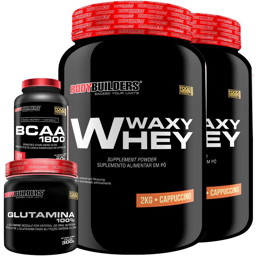 Kit 2x Whey Protein Waxy Whey 2kg + Glutamina 300g + Bcaa 1800 120 cápsulas - Bodybuilders Cappuccino
