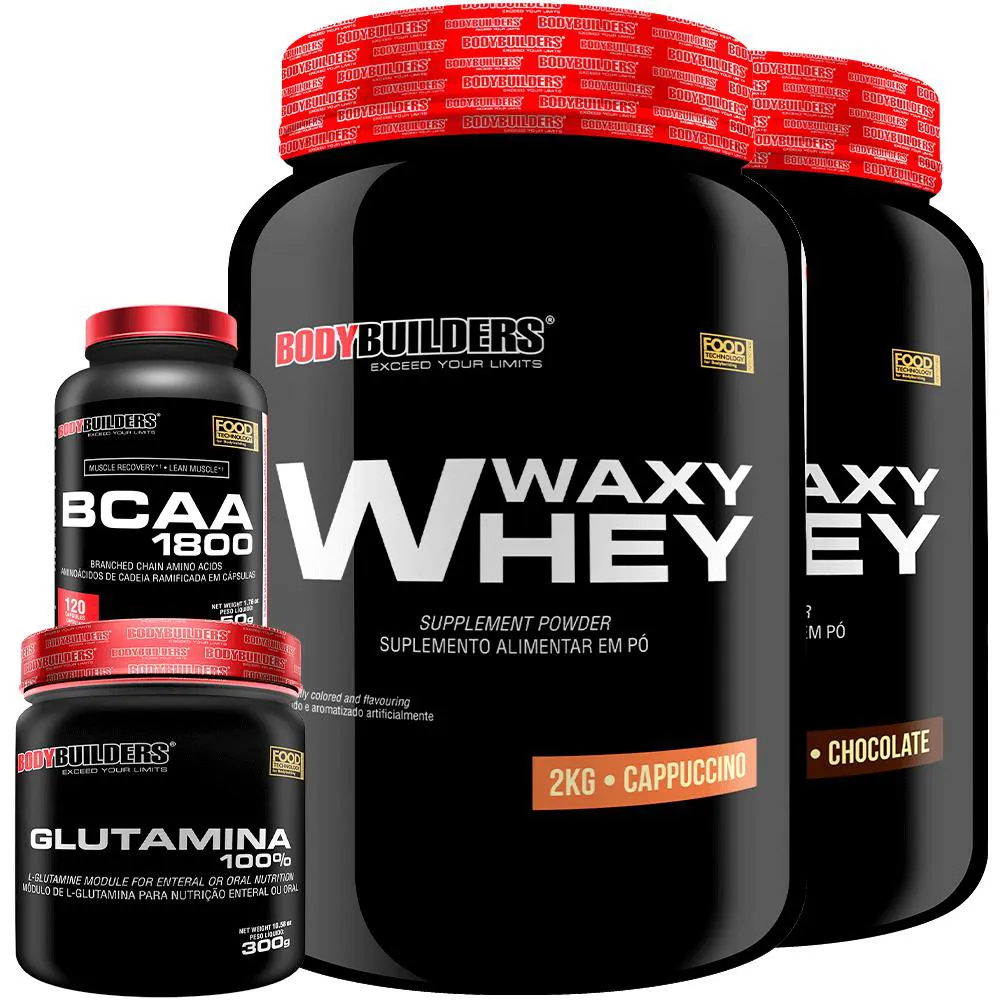 Kit 2x Whey Protein Waxy Whey 2kg + Glutamina 300g + Bcaa 1800 120 cápsulas - Bodybuilders Chocolate e Cappuccino