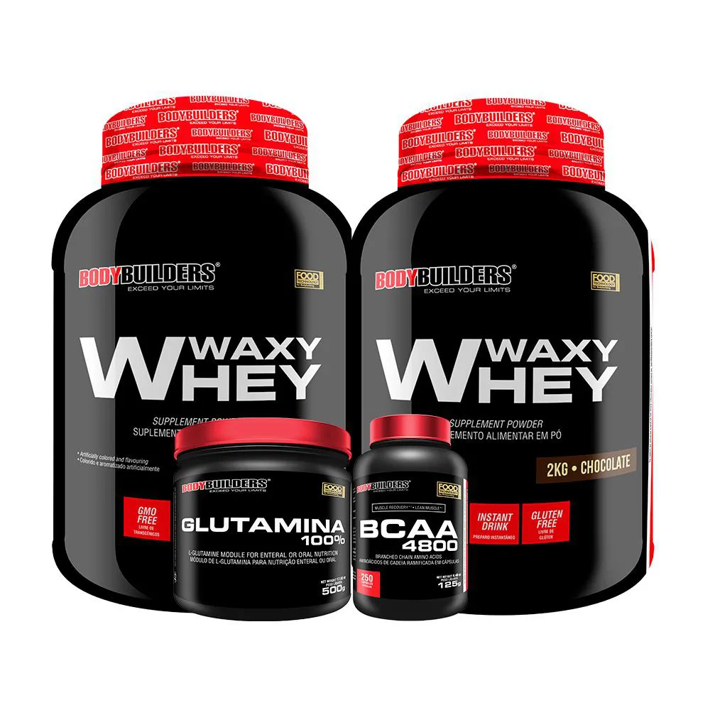 Kit 2x Whey Protein Waxy Whey 2kg + Glutamina 500g + Bcaa 4800 250 cápsulas - Bodybuilders Cappuccino e Morango
