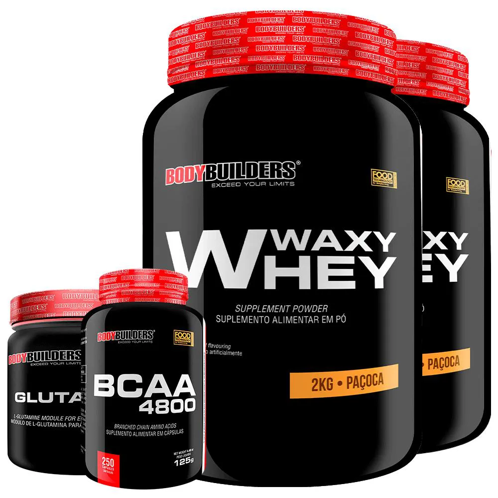 Kit 2x Whey Protein Waxy Whey 2kg + Glutamina 500g + Bcaa 4800 250 cápsulas - Bodybuilders Paçoca