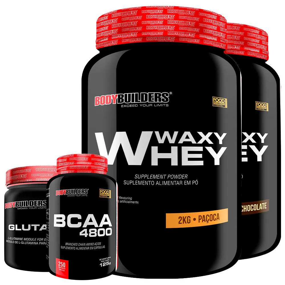 Kit 2x Whey Protein Waxy Whey 2kg + Glutamina 500g + Bcaa 4800 250 cápsulas - Bodybuilders Chocolate e Paçoca