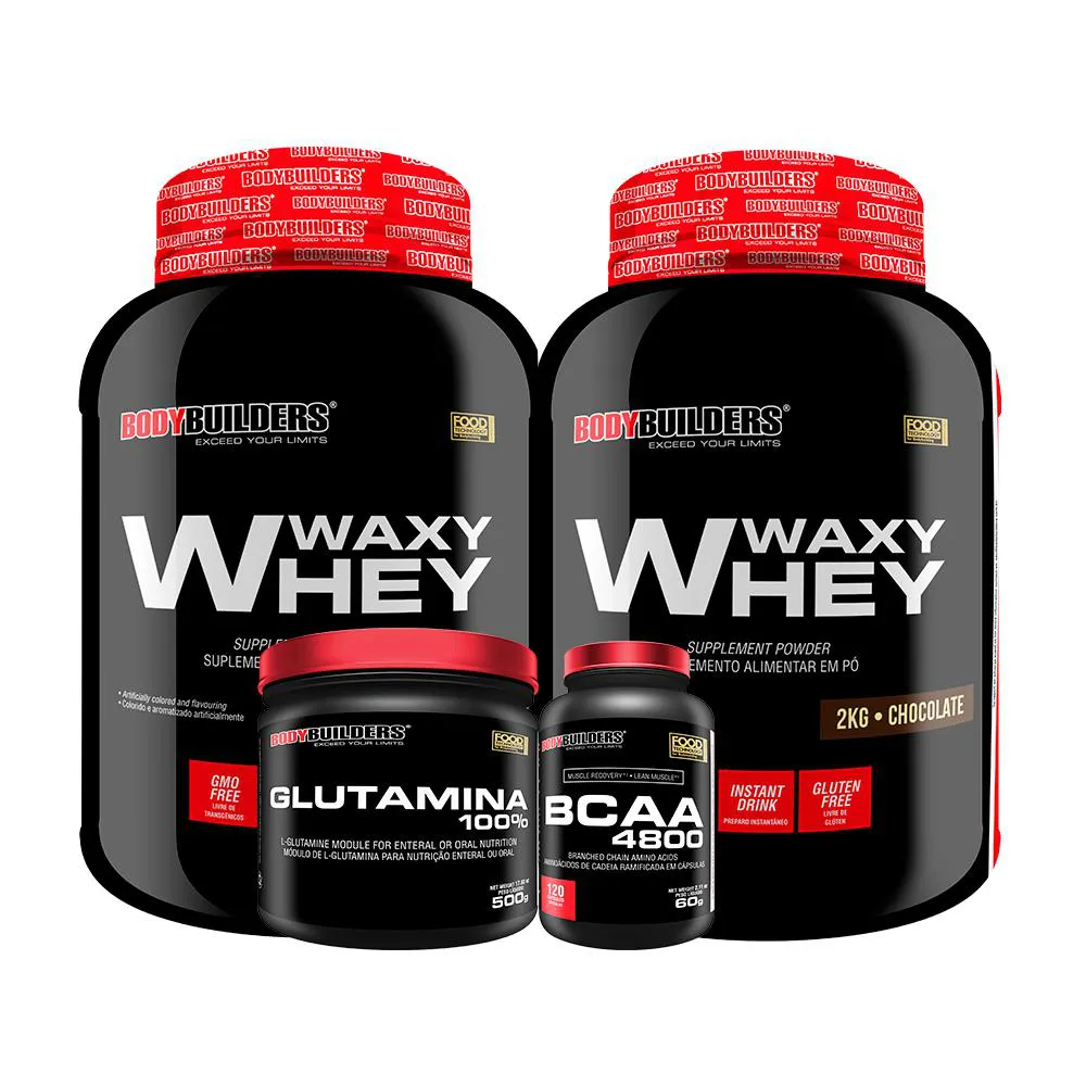 Kit 2x Whey Protein Waxy Whey 2kg + Glutamina 500g + Bcaa 4800 120 cápsulas - Bodybuilders Baunilha