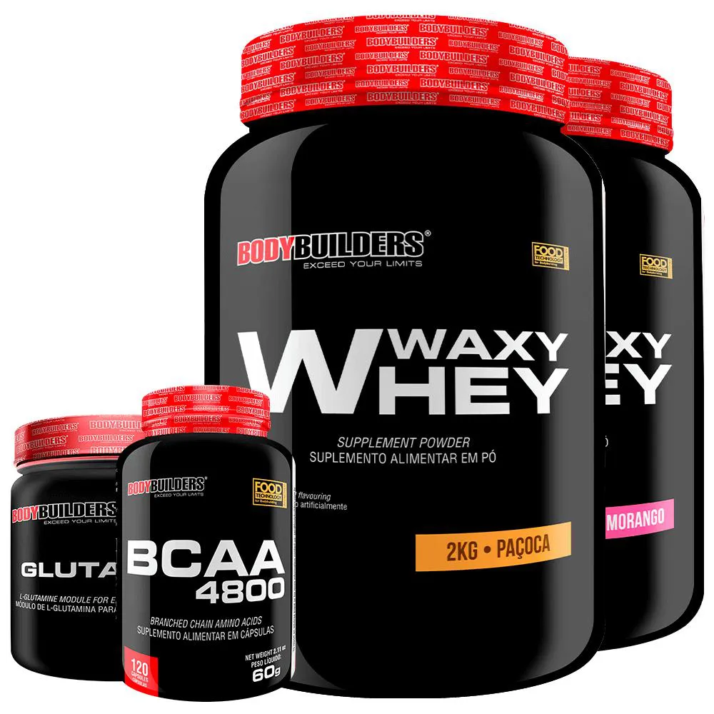 Kit 2x Whey Protein Waxy Whey 2kg + Glutamina 500g + Bcaa 4800 120 cápsulas - Bodybuilders Morango e Paçoca