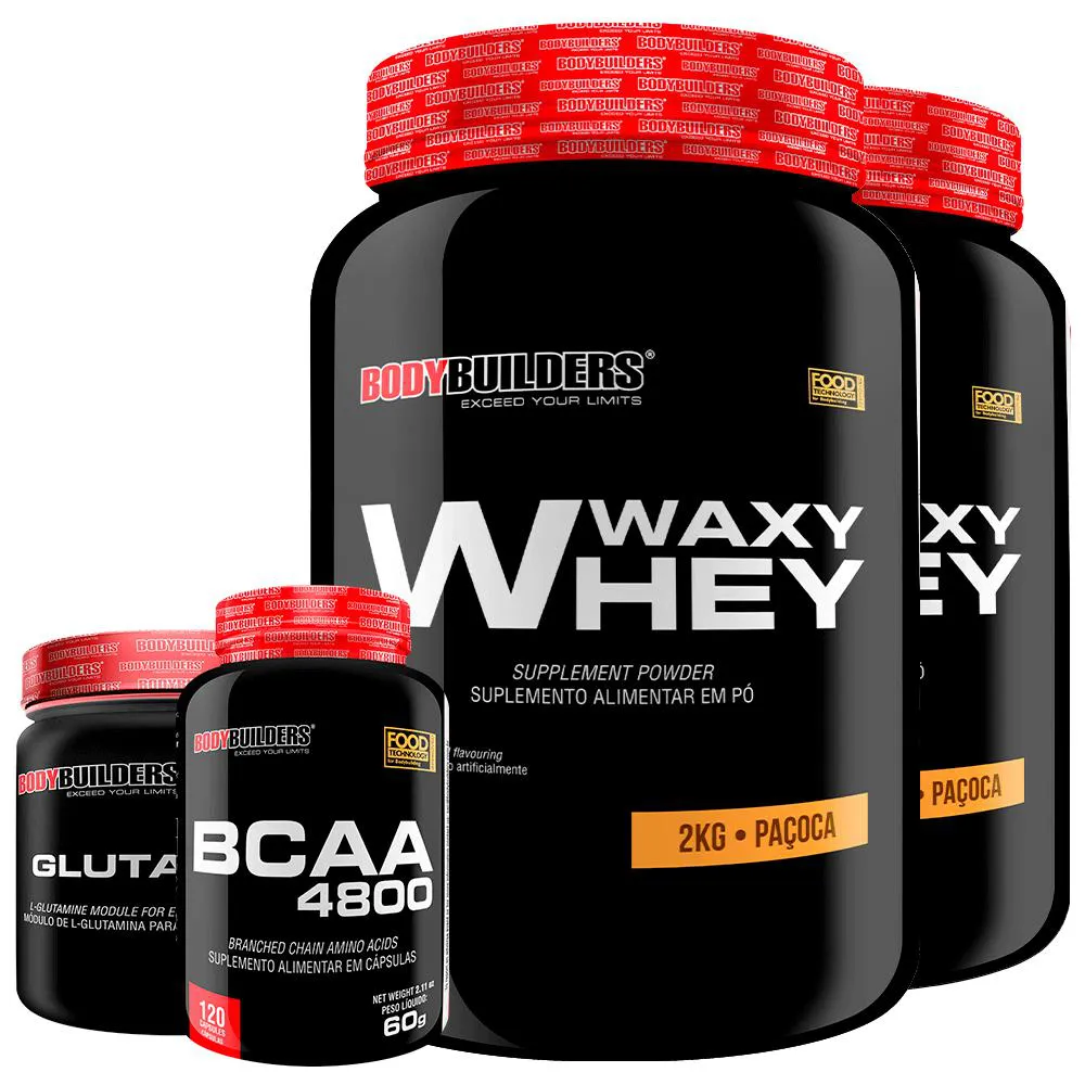 Kit 2x Whey Protein Waxy Whey 2kg + Glutamina 500g + Bcaa 4800 120 cápsulas - Bodybuilders Paçoca