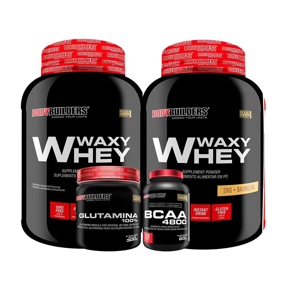 Kit 2x Whey Protein Waxy Whey 2kg + Glutamina 300g + Bcaa 4800 120 cápsulas - Bodybuilders Baunilha