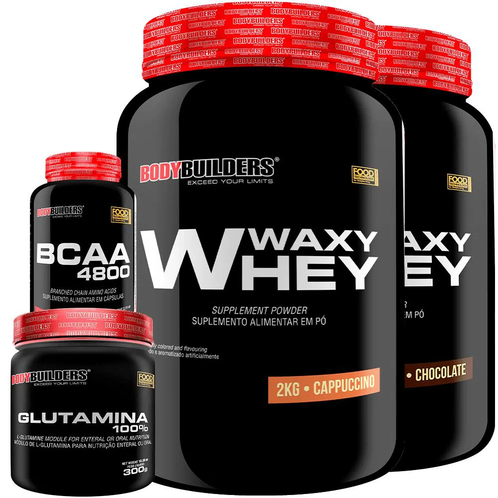 Kit 2x Whey Protein Waxy Whey 2kg + Glutamina 300g + Bcaa 4800 120 cápsulas - Bodybuilders Cappuccino e Chocolate