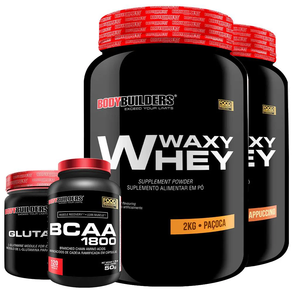 Kit 2x Whey Protein Waxy Whey 2kg + Glutamina 500g + Bcaa 1800 120 cápsulas - Bodybuilders Cappuccino e Paçoca