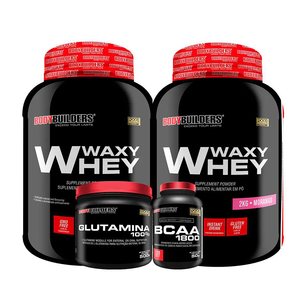 Kit 2x Whey Protein Waxy Whey 2kg + Glutamina 500g + Bcaa 1800 120 cápsulas - Bodybuilders Morango