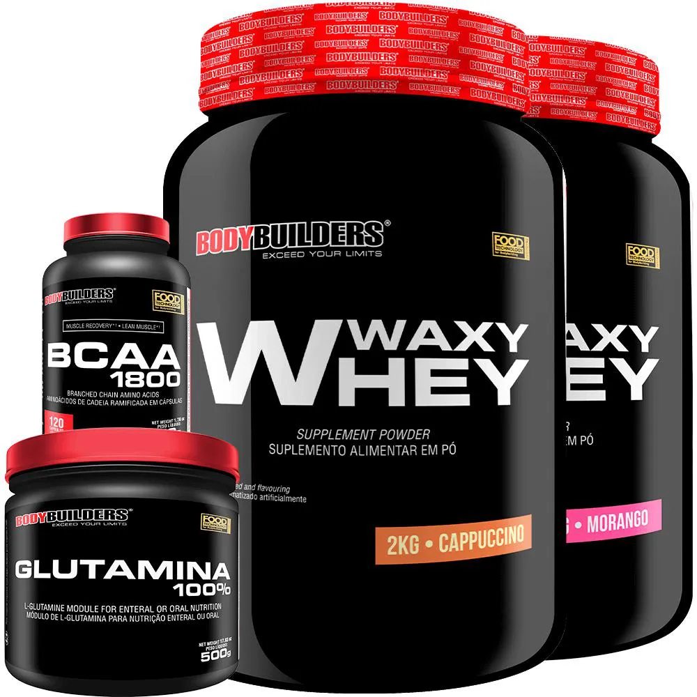 Kit 2x Whey Protein Waxy Whey 2kg + Glutamina 500g + Bcaa 1800 120 cápsulas - Bodybuilders Paçoca
