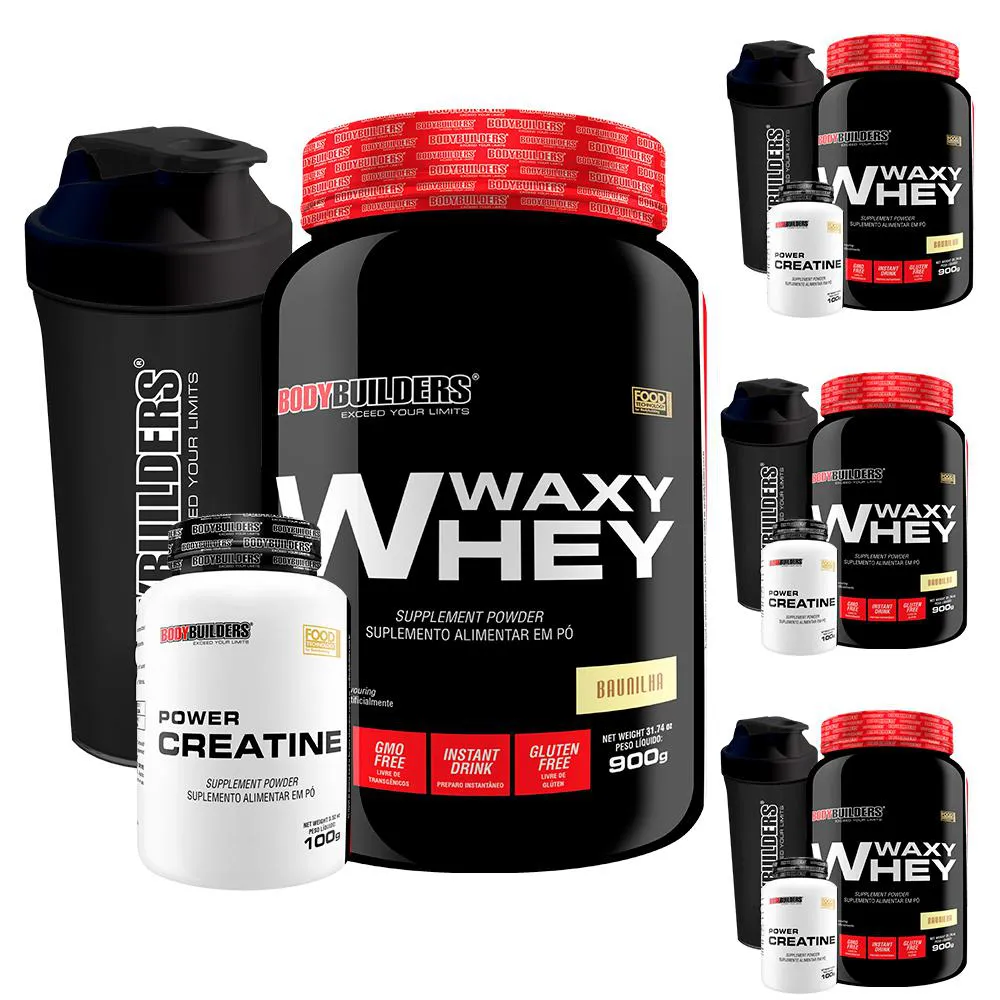 Kit 4x Whey Protein Waxy Whey 900g + 4x Power Creatina 100g + 4x Coqueteleira - Bodybuilders Baunilha