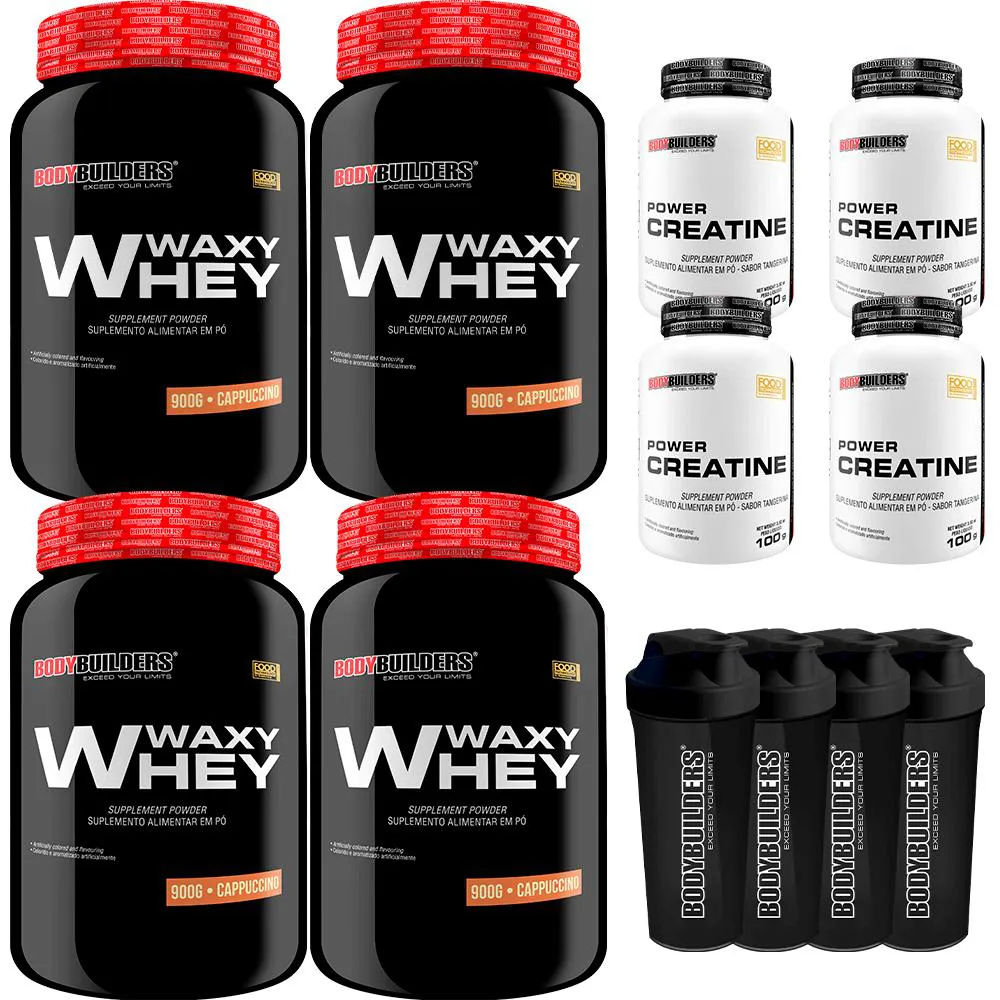 Kit 4x Whey Protein Waxy Whey 900g + 4x Power Creatina 100g + 4x Coqueteleira - Bodybuilders Cappuccino