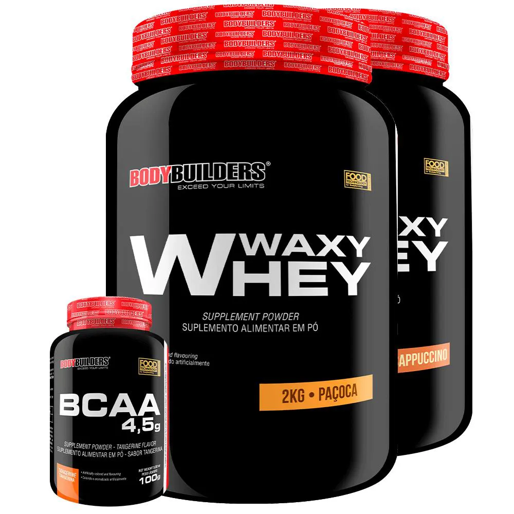 Kit 2x Waxy Whey 2kg + Bcaa 1kg Tangerina - Bodybuilders Cappuccino e Paçoca