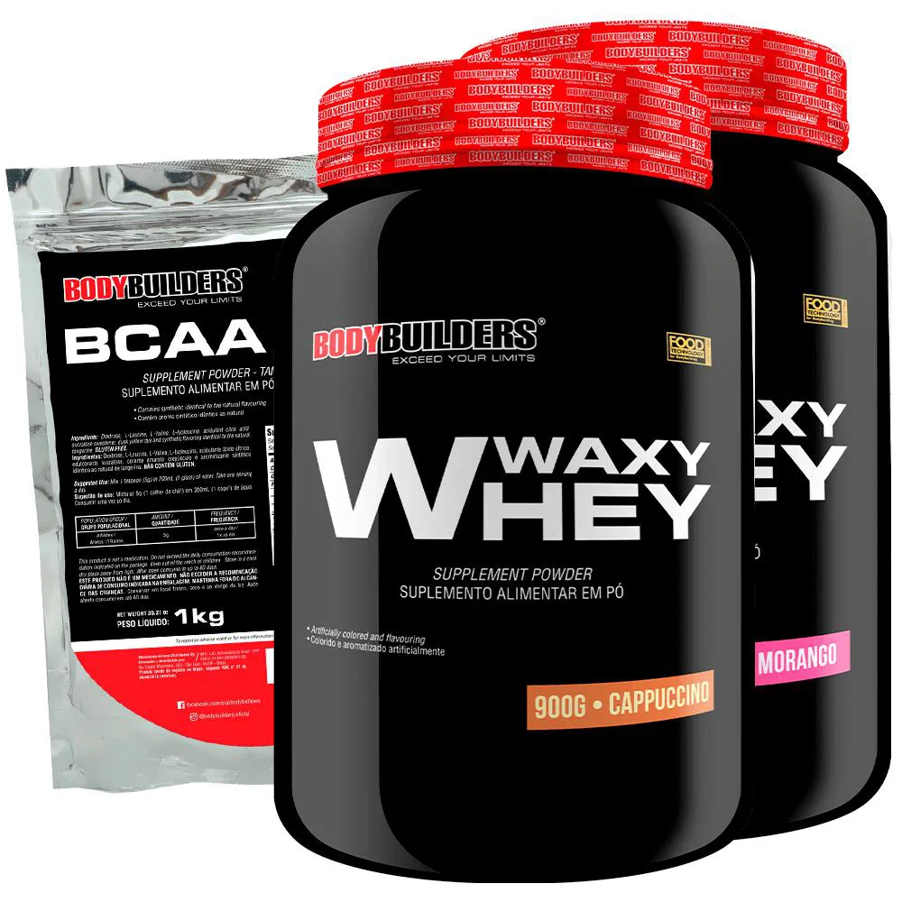 Kit 2x Waxy Whey 2kg + Bcaa 1kg Tangerina - Bodybuilders Morango e Cappuccino