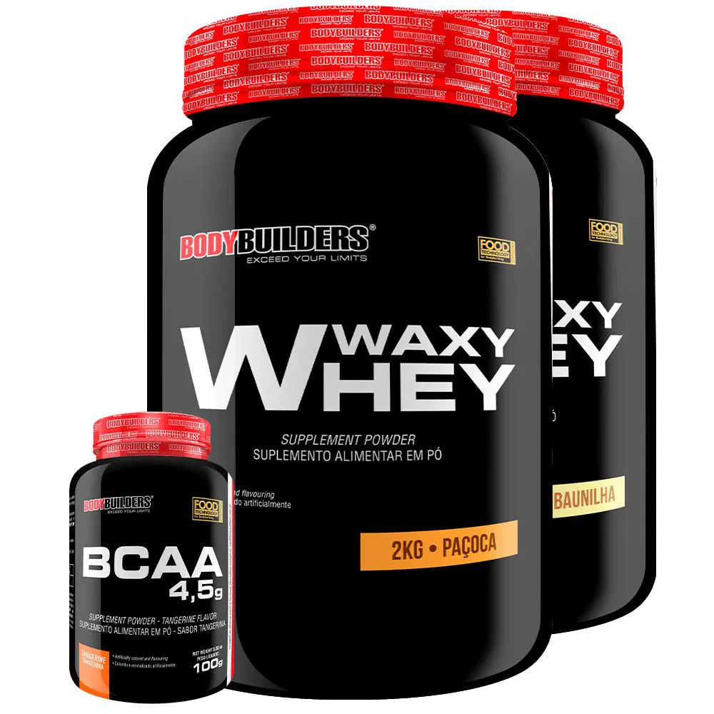 Kit 2x Waxy Whey 2kg + Bcaa 1kg Tangerina - Bodybuilders Baunilha e Paçoca