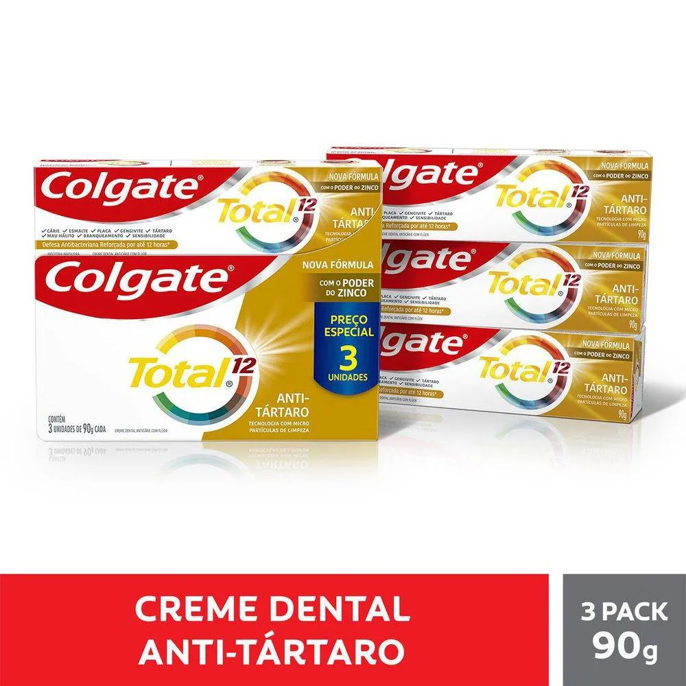 Kit 3 Pastas de Dente Colgate Total 12 Antitártaro 90g