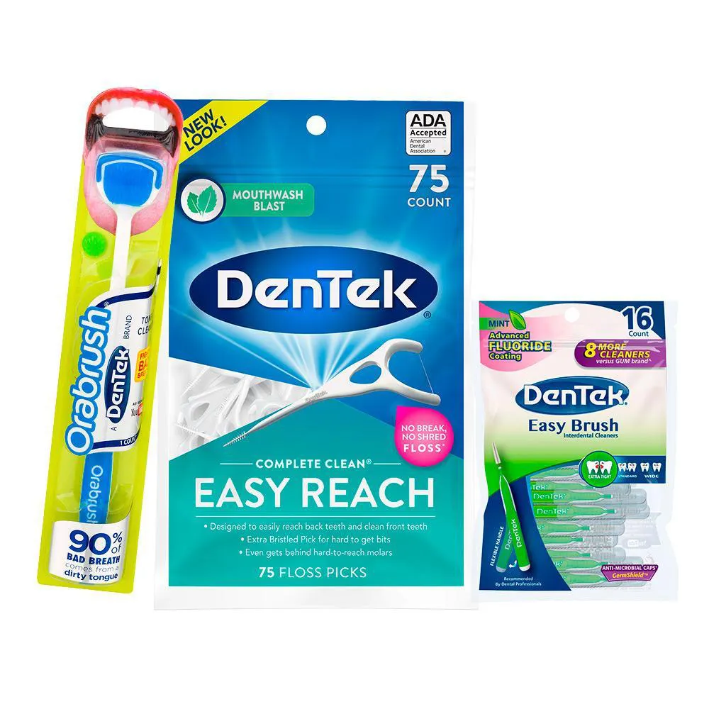 Kit DenTek Escova de Língua Orabrush + Fio Dental Easy Reach 75un + Escova Easy Brush Fino c/ 16un