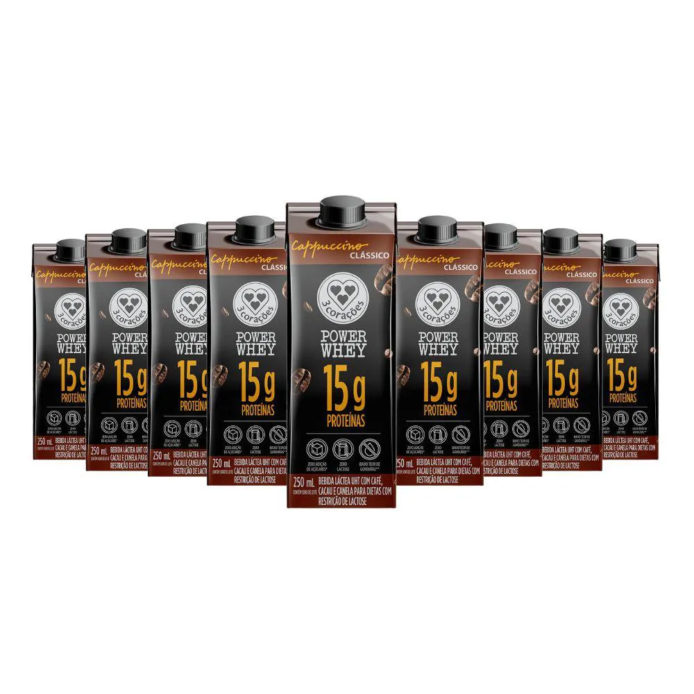 Bebida Proteica Power Whey Cappuccino Clássico 3 Corações (cx 12un de 250ml) Unica