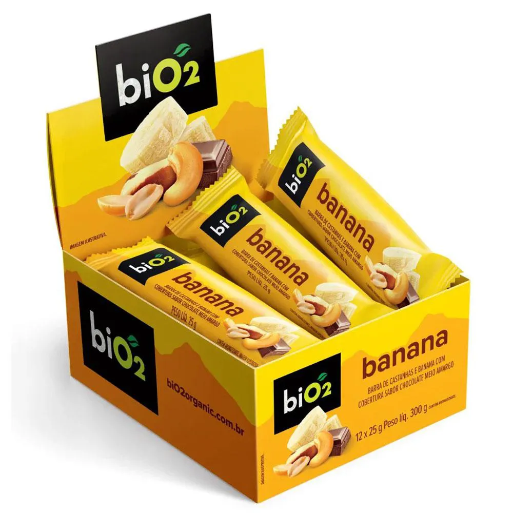 Barra de Castanhas e Frutas Banana com Chocolate Bio2 Nuts (cx 12un de 25g)