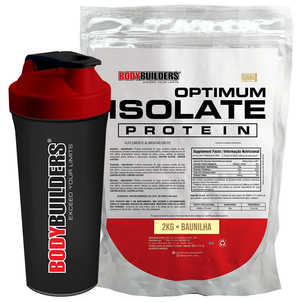 Kit Proteína Isolada BodyBuilders Optimum Isolate Protein Baunilha 2kg + Coqueteleira Shaker 600ml