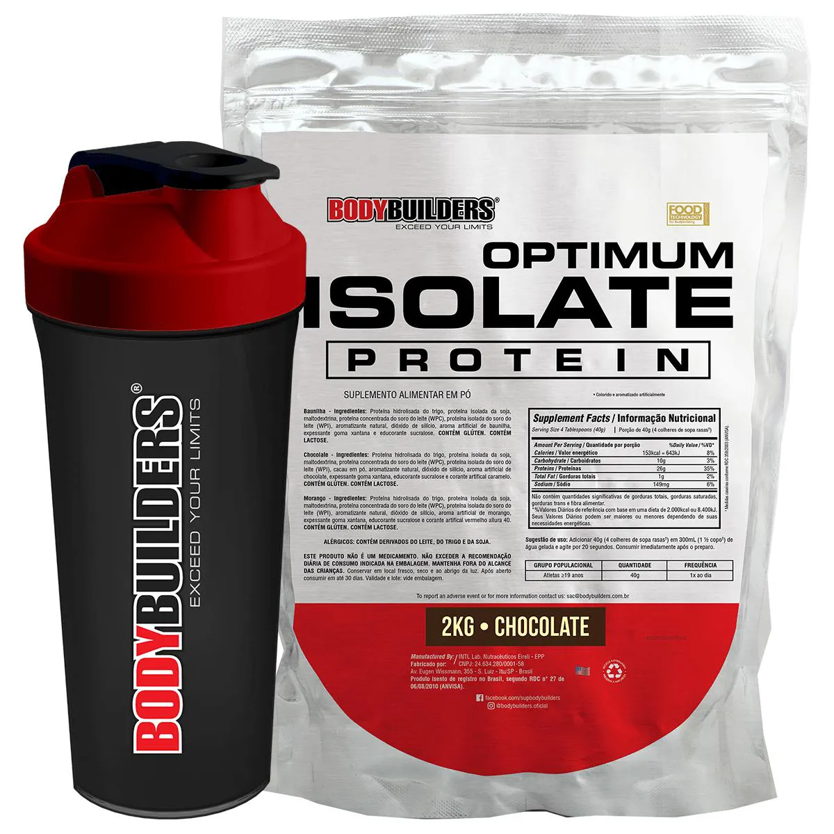 Kit Proteína Isolada BodyBuilders Optimum Isolate Protein Chocolate 2kg + Coqueteleira Shaker 600ml