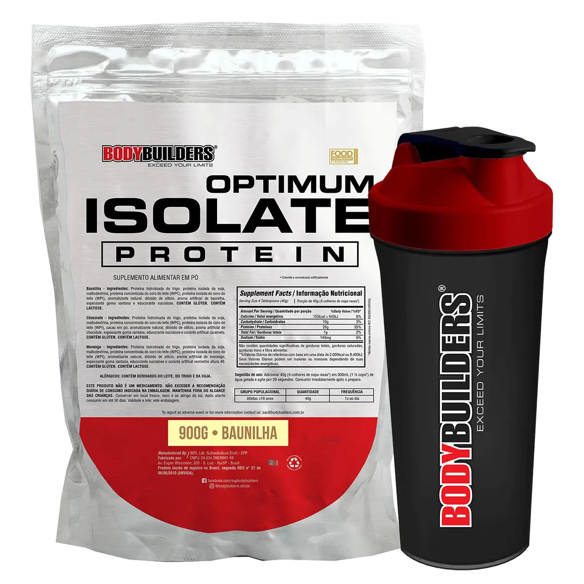 Kit Proteína Isolada BodyBuilders Optimum Isolate Baunilha 900g + Coqueteleira Shaker 600ml