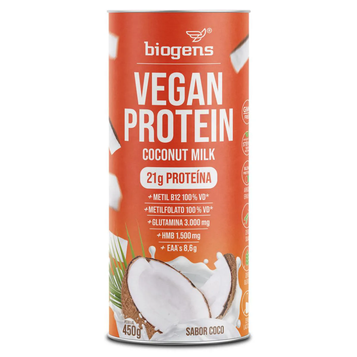 Proteína Vegana 21g, Leite de Coco, Gmo Free, 450g, Biogens