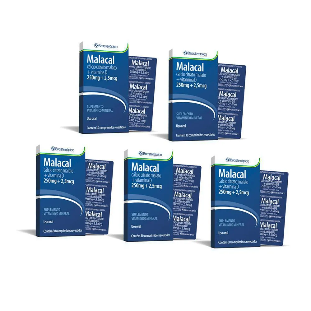 Kit 5 Malacal 250 2 905 Mg 30 Cp Calcio Vit D3 Brasterapica