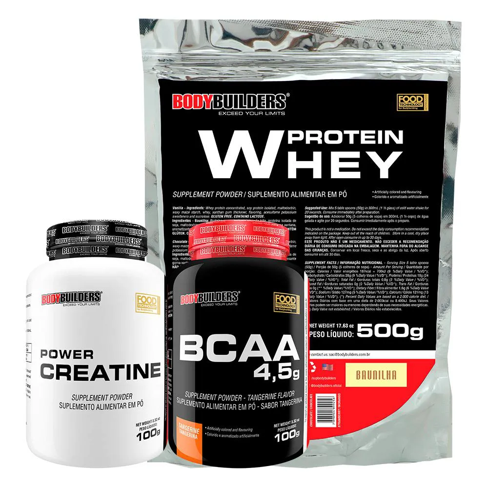 Kit Whey Proten 500g + Bcaa 100g+ Power Creatina 100g - Bodybuilders Baunilha