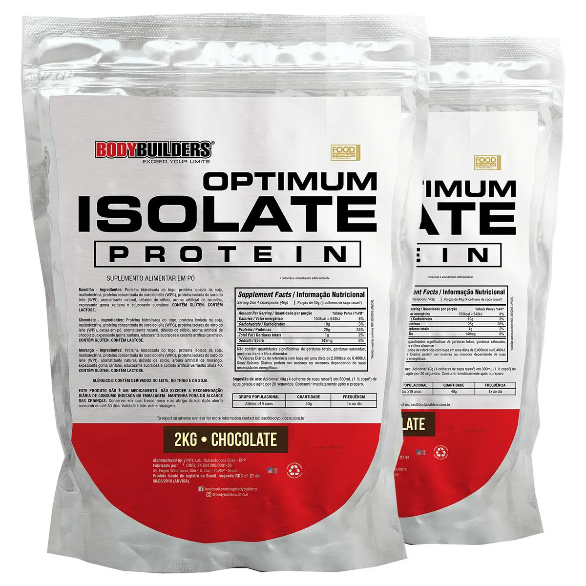 Kit 2x Whey Protein Optimum Isolate Refil 2kg - Kit para Ganho de Massa Muscular e Resistência - Bodybuilders Chocolate
