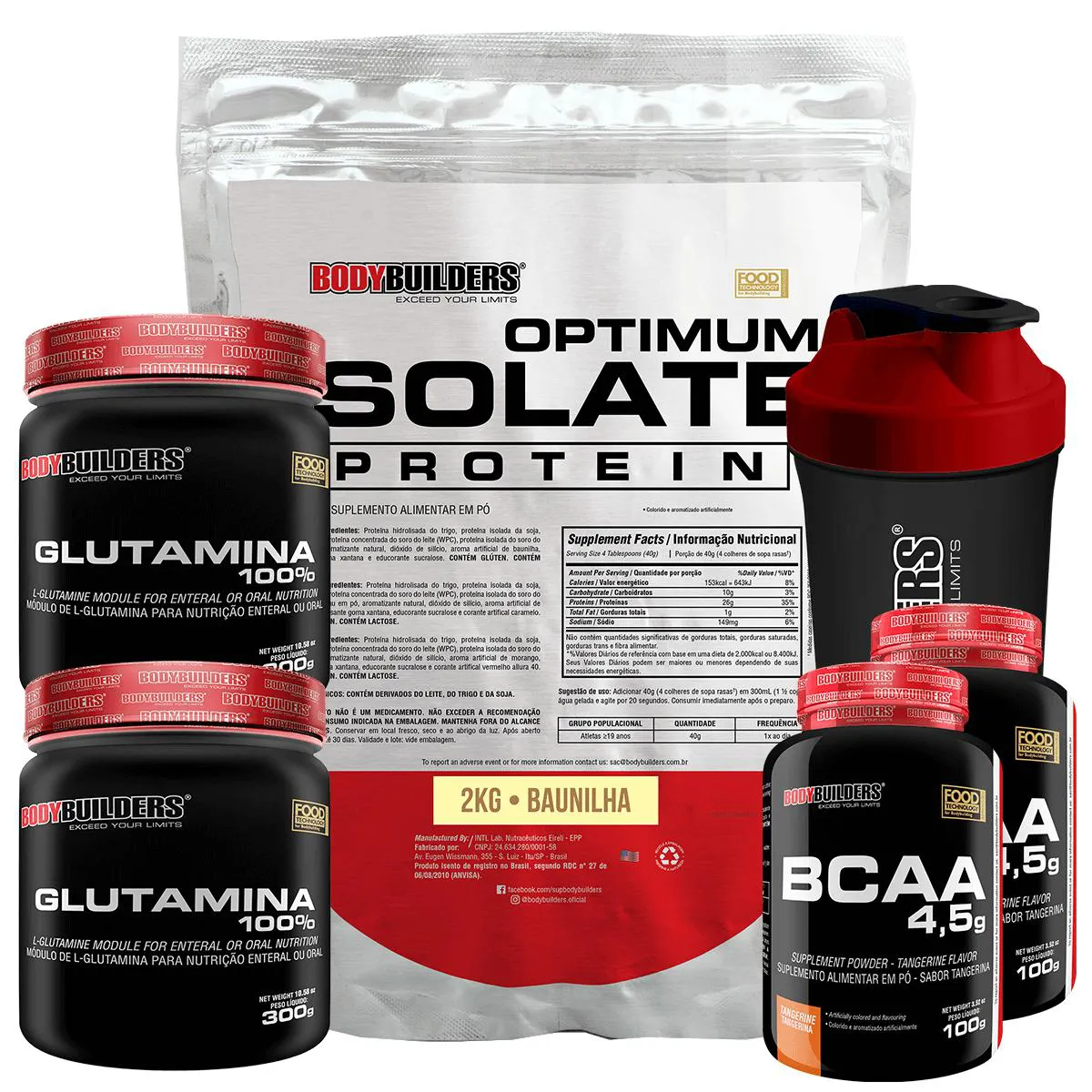 Kit Optimum Isolate Whey Protein 2kg + 2x Bcaa 100g + 2x Glutamina 300g + Coqueteleira - Bodybuilders Baunilha