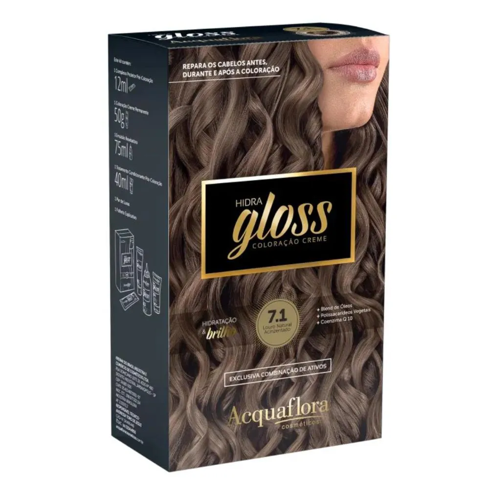 Coloração Creme Acquaflora Kit Hidra Gloss 7.1 Louro Natural Acinzentado