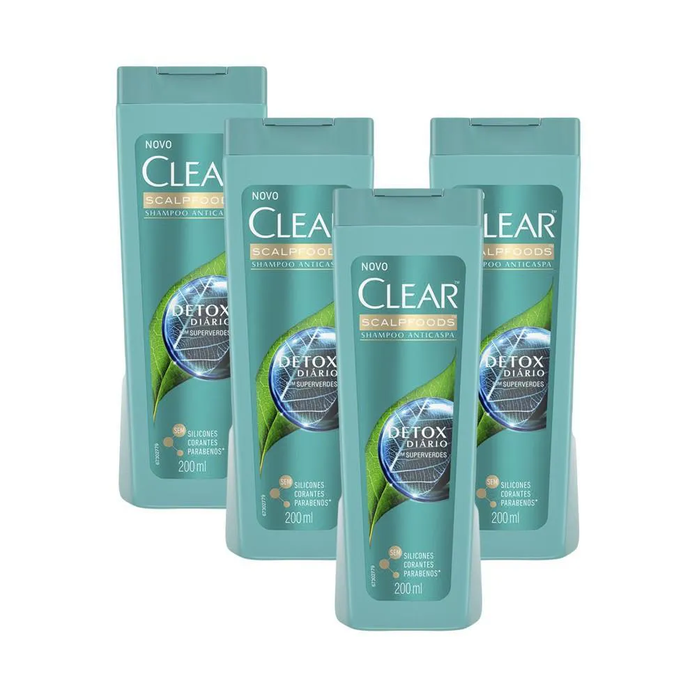 Kit 4 Shampoos Anticaspa Clear Detox Diário 200Ml