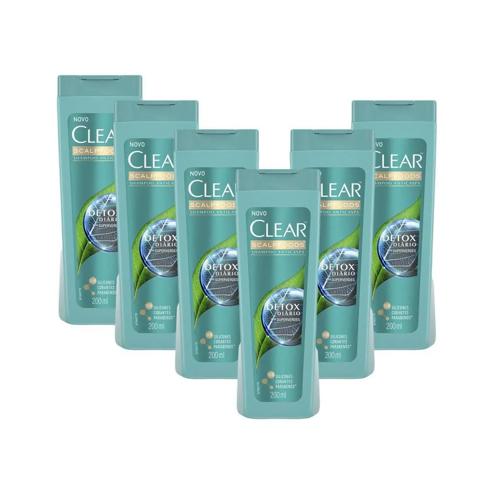 Kit 6 Shampoos Anticaspa Clear Detox Diário 200Ml