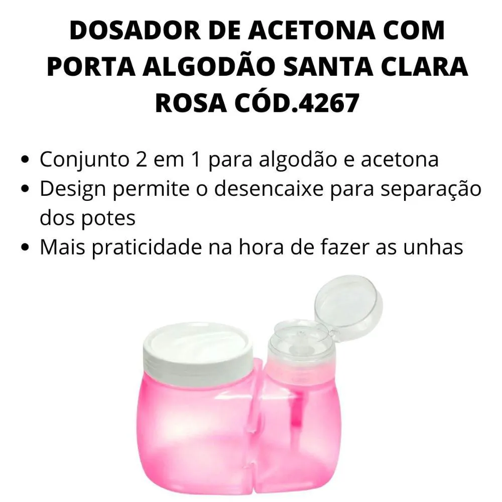 Dosador de Acetona com Porta Algodão Santa Clara Rosa Cód.4267