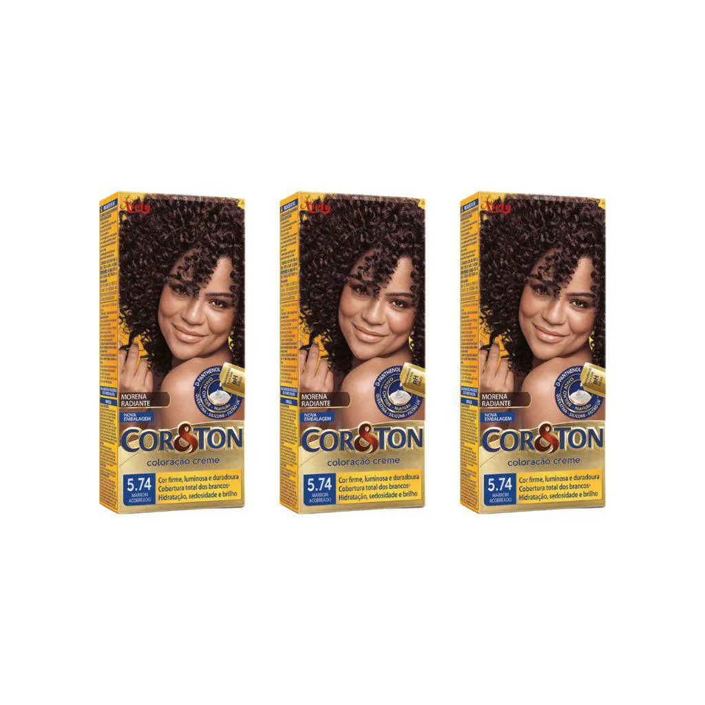 Coloraçao Cor&ton 5.74 Marrom Acobreado 50g - Kit C / 3
