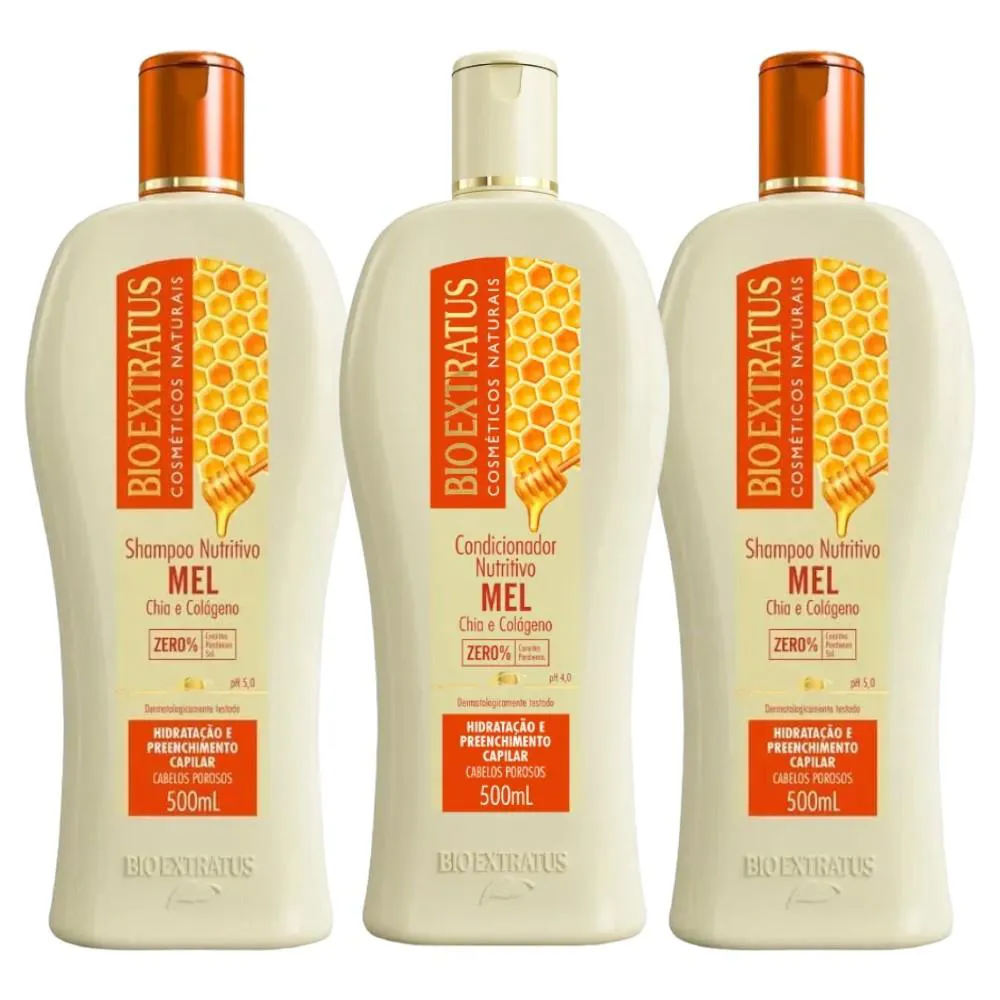 Kit 2 Shampoo 1 Condicionador Mel Nutritivo 500 Ml Bio Extratus