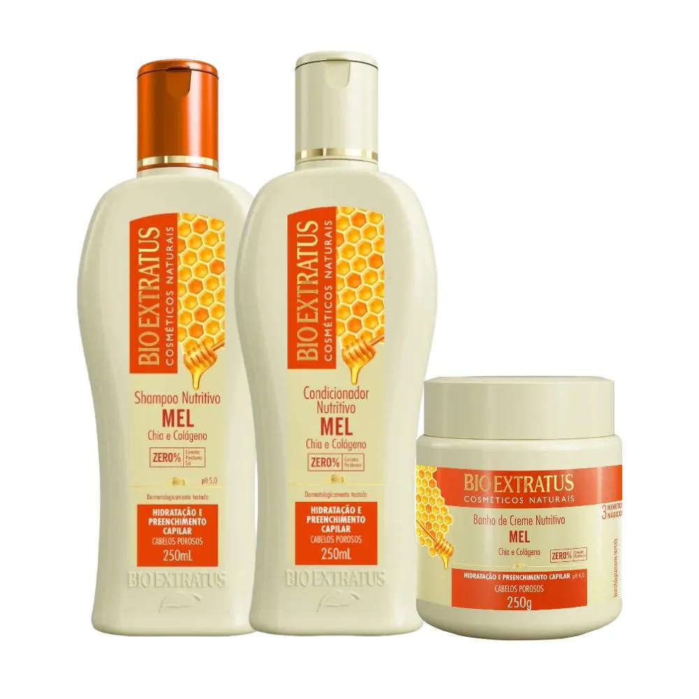 Kit 1 Shampoo 1 Condicionador 1 Banho Creme Mel Nutritivo 250 Ml