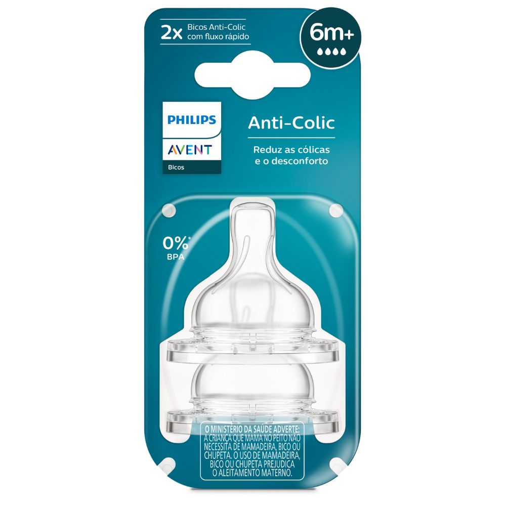 Bico para Mamadeira Philips Avent Classic +6 meses Anti Cólica Fluxo Rápido Silicone Tamanho 4 2 Unidades