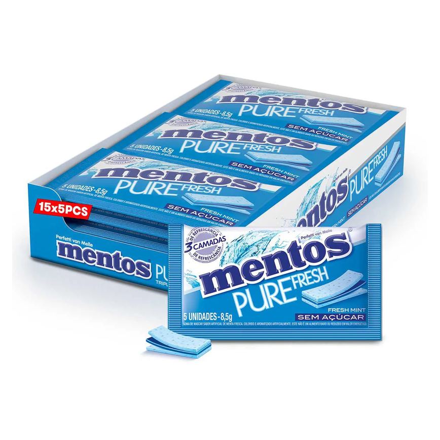 Mentos Pure Fresh Chiclete Sem Açúcar Sabor Fresh Mint com 5 unidades