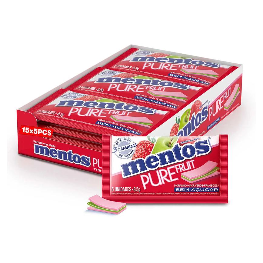Mentos Pure Fruit Chiclete Sem Açúcar Sabor Morango Maçã Verde e Framboesa com 5 unidades