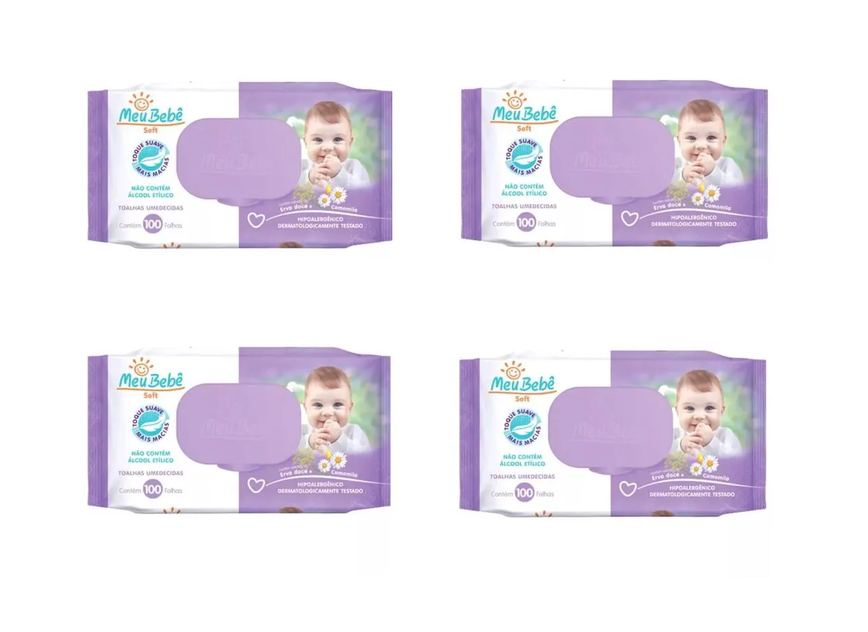 Kit 4 Lenço Umedecido Meu Bebê Soft Hipoalergênico 100un