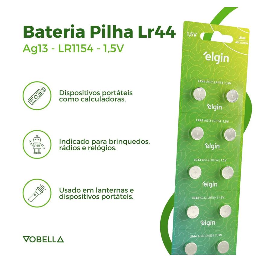 10 Baterias Pilhas Alcalina Lr44 1,5v Blister Cartela Elgin