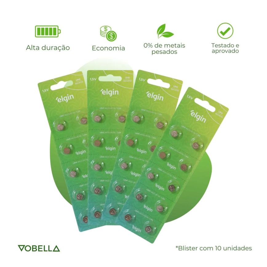 10 Baterias Pilhas Alcalina Lr41 1,5v Blister Cartela Elgin