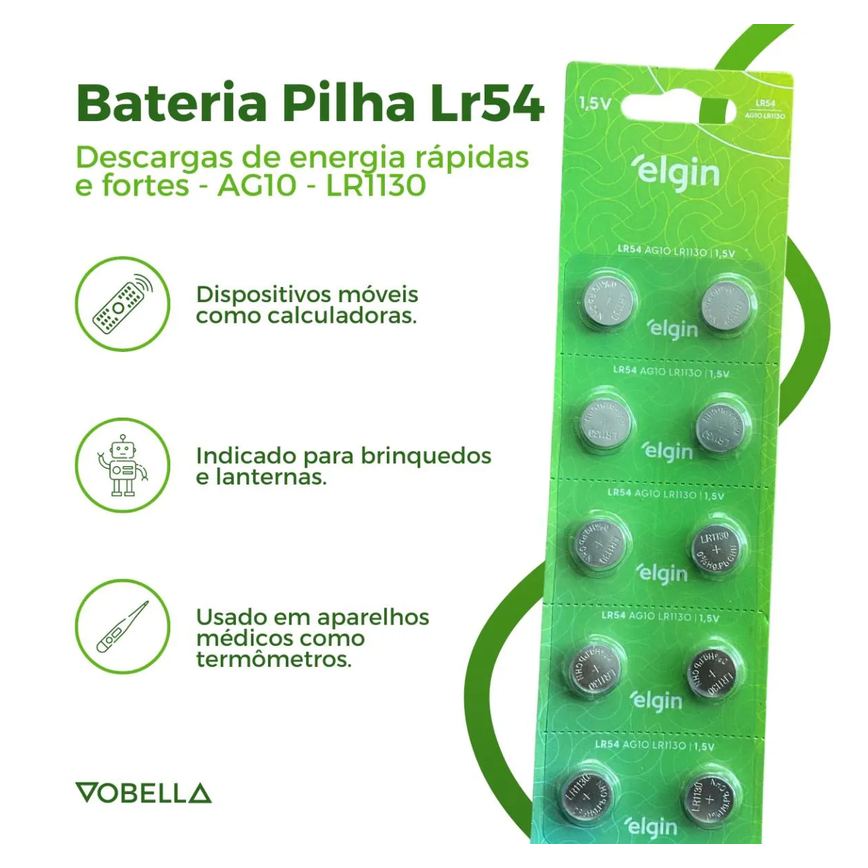10 Baterias Pilhas Alcalina Lr54 1,5v Blister Cartela Elgin