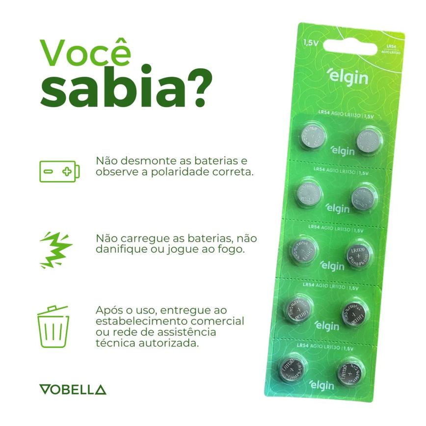 10 Baterias Pilhas Alcalina Lr54 1,5v Blister Cartela Elgin